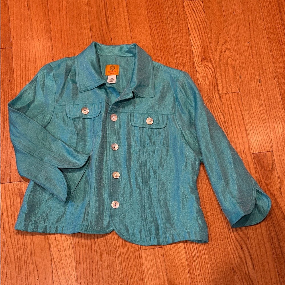 Stylish NWOT Turquoise Lightweight Blazer Jacket Slit Sleeve 12P